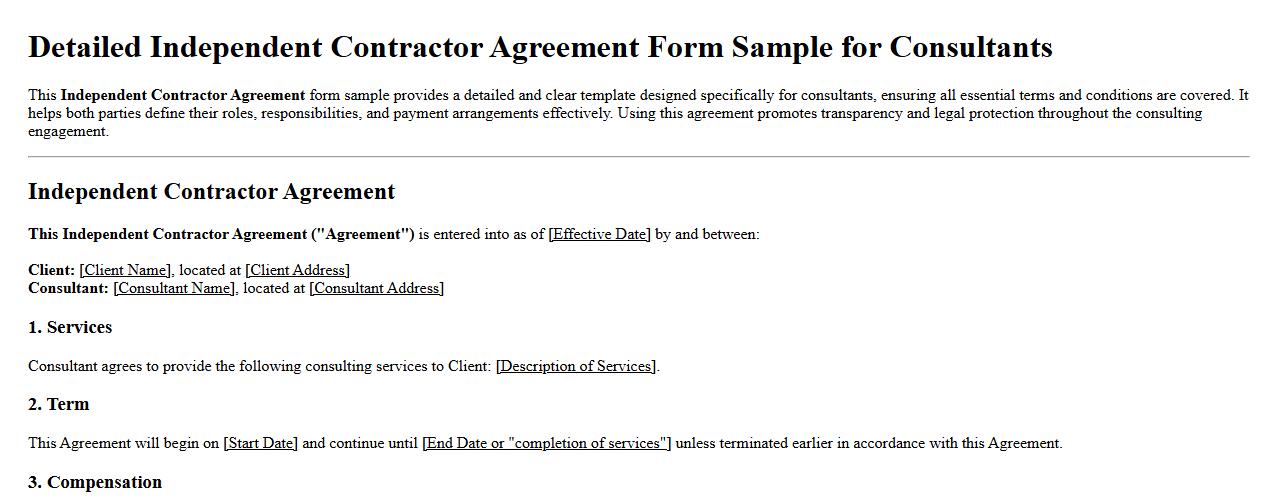 Detailed Independent Contractor Agreement Form Sample for Consultants image preview