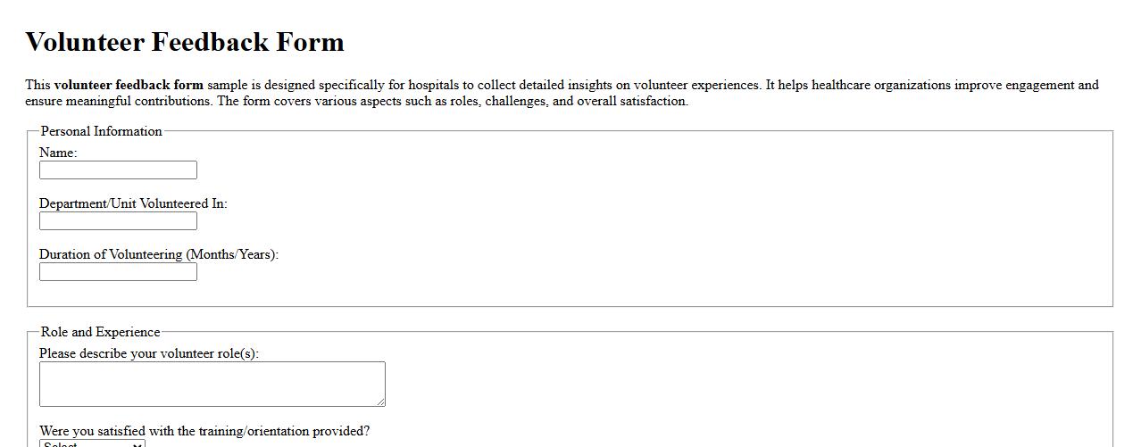 Detailed volunteer feedback form sample for hospitals image preview