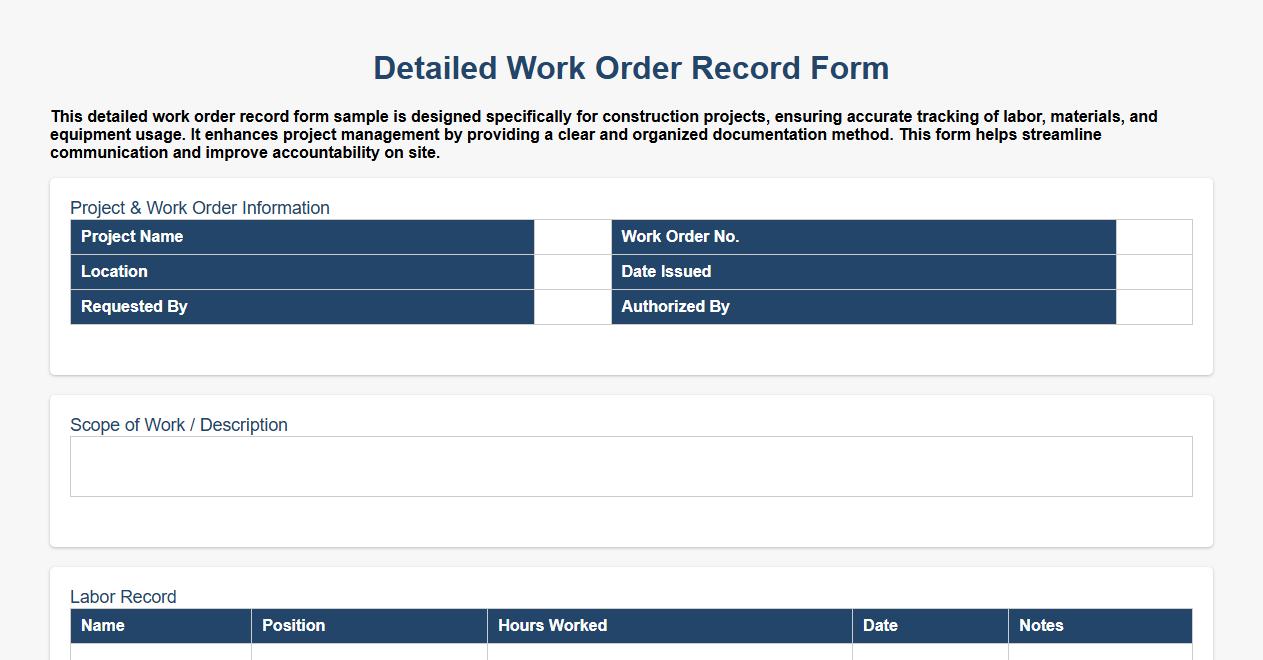 detailed work order record form sample for construction projects image preview
