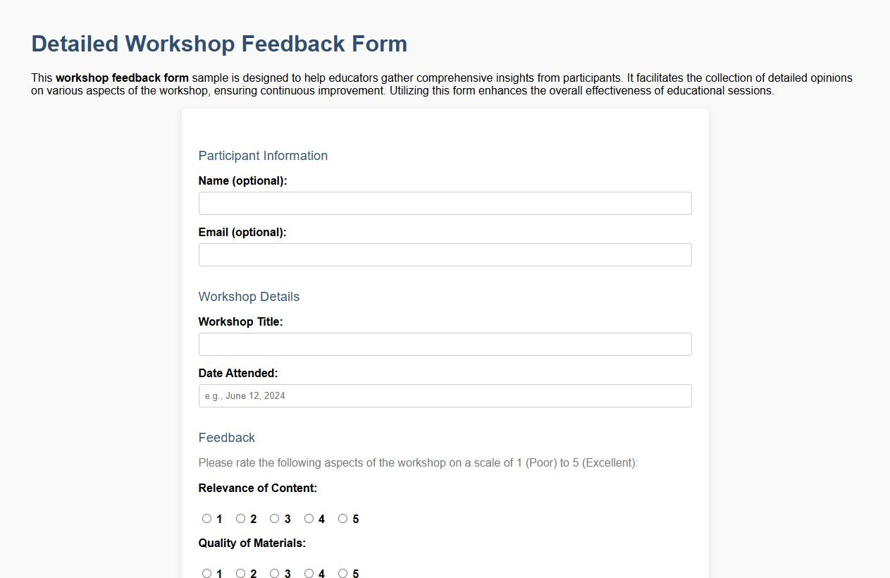 Detailed workshop feedback form sample for educators image preview