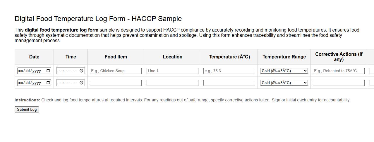 digital food temperature log form sample for HACCP image preview