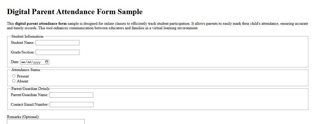 digital parent attendance form sample for online classes image preview