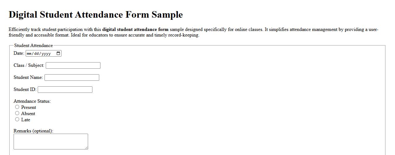 Digital student attendance form sample for online classes image preview