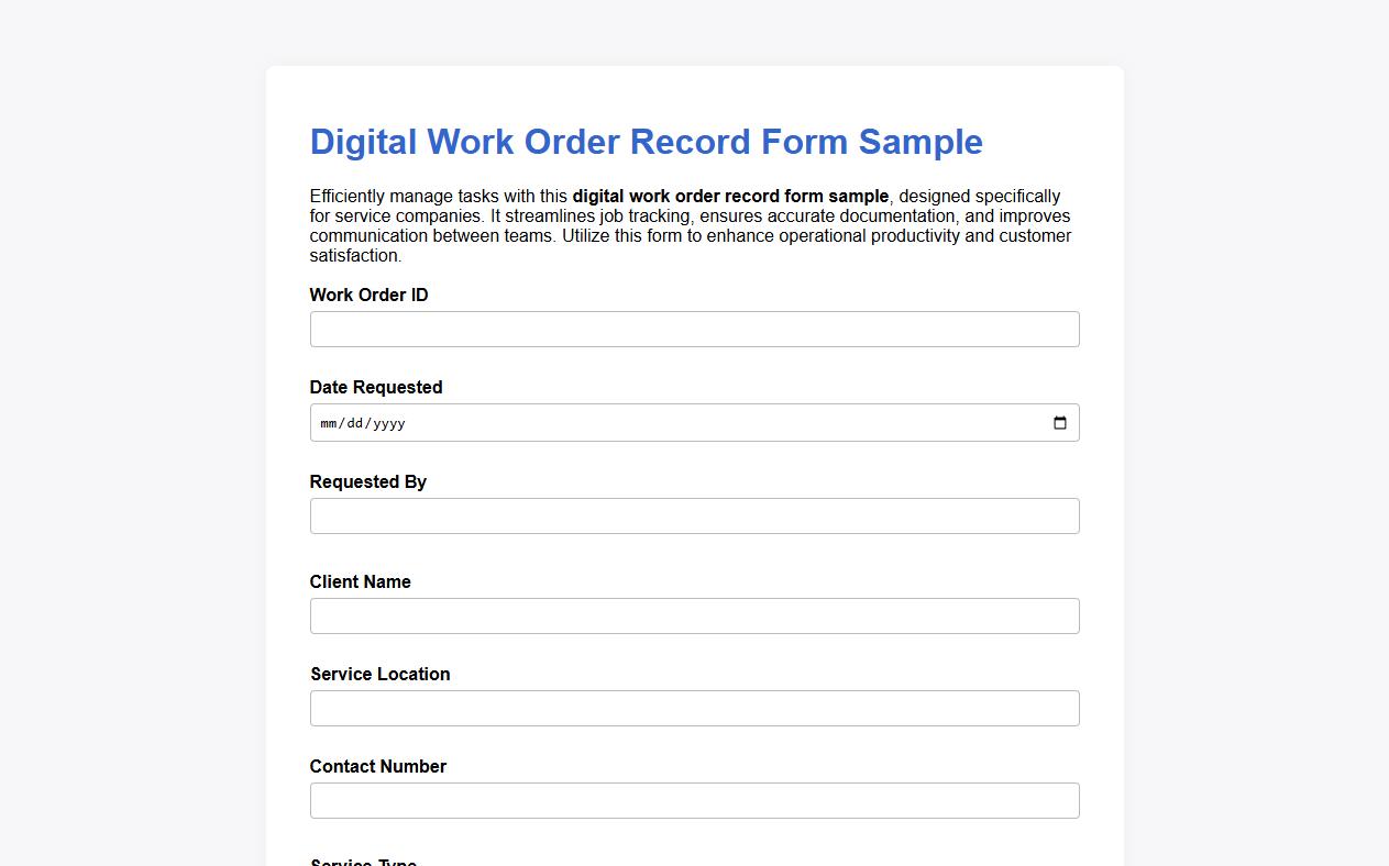 digital work order record form sample for service companies image preview