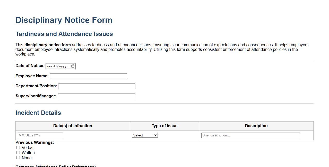 disciplinary notice form sample for tardiness and attendance issues image preview