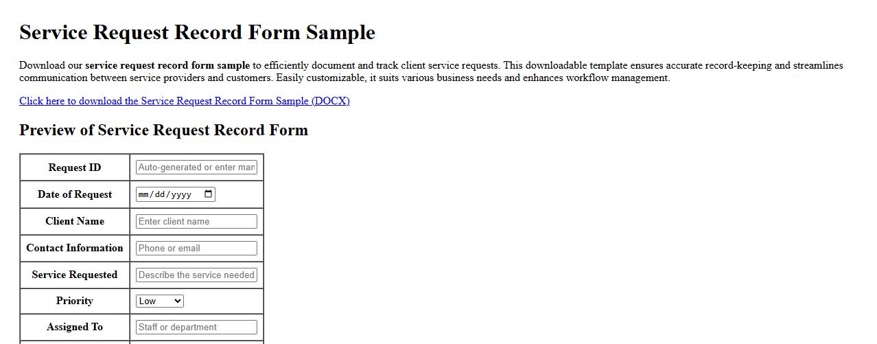 downloadable service request record form sample image preview