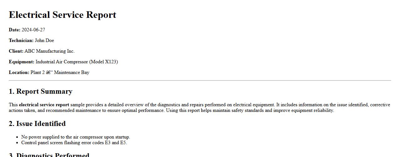 Electrical service report sample for equipment repair image preview