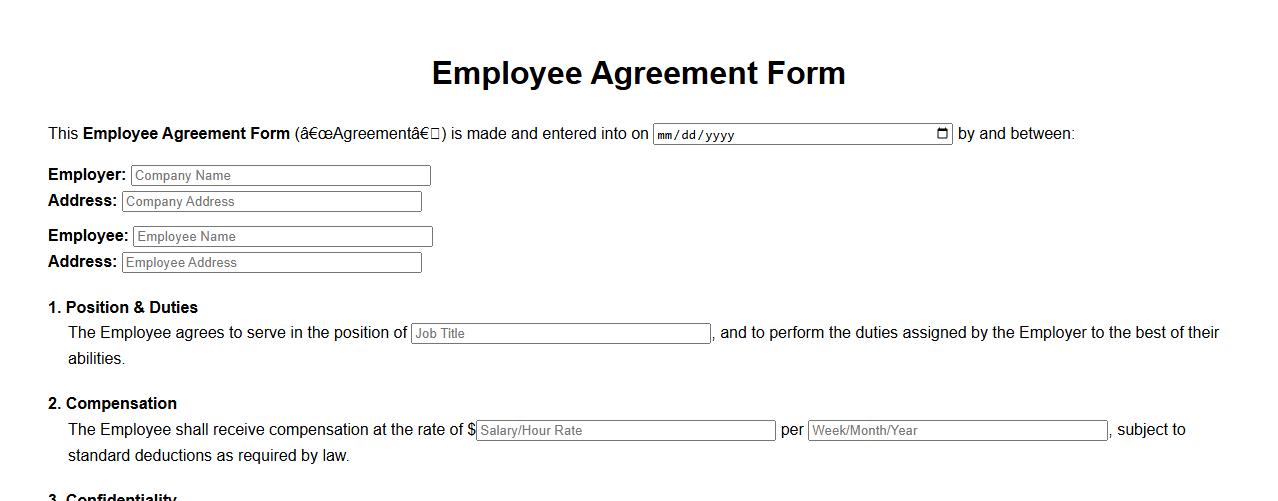 employee agreement form sample with non-compete clause image preview