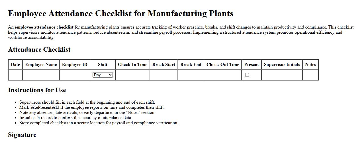 Employee attendance checklist for manufacturing plants image preview