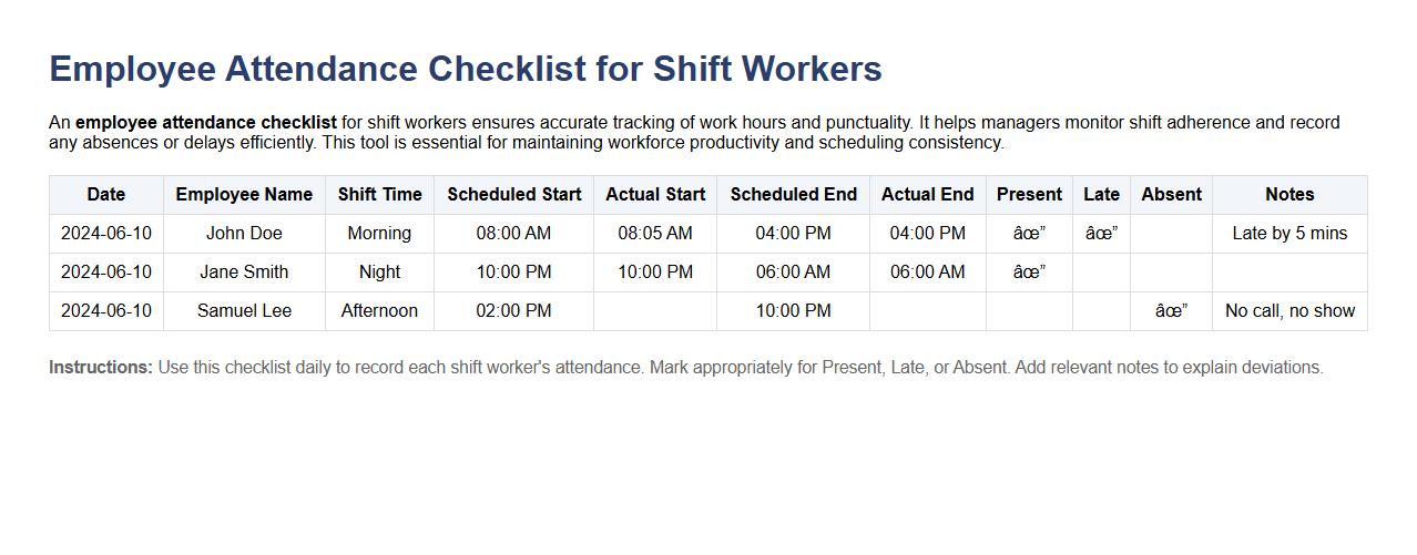 Employee attendance checklist for shift workers image preview