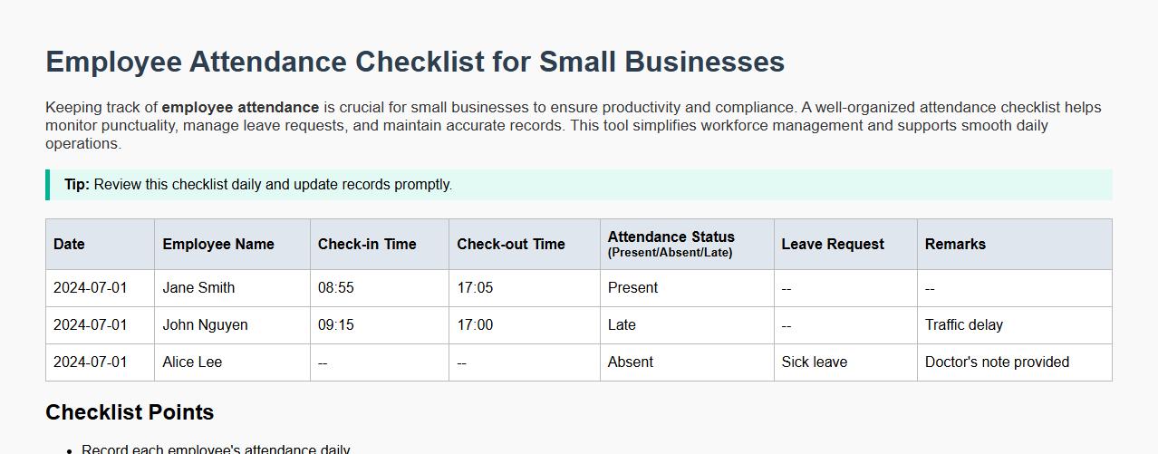 Employee attendance checklist for small businesses image preview