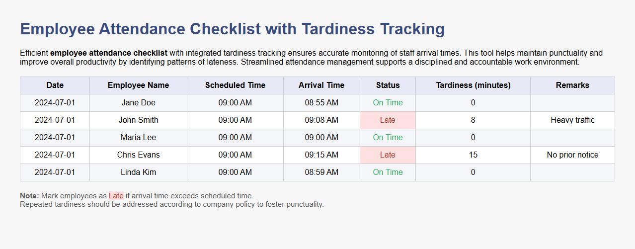 Employee attendance checklist with tardiness tracking image preview