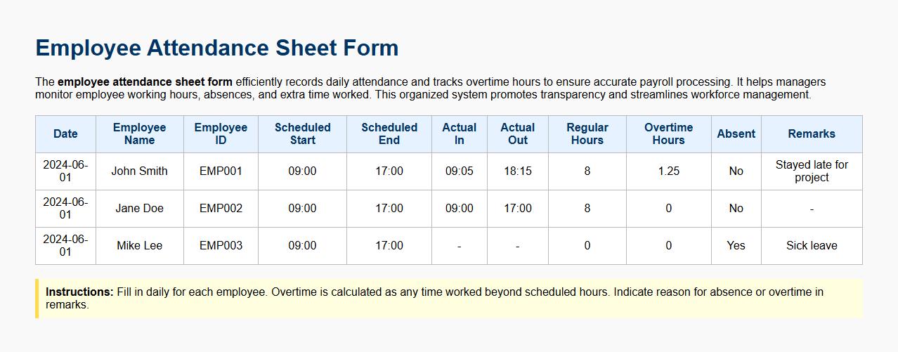 Employee attendance sheet form with overtime tracking image preview