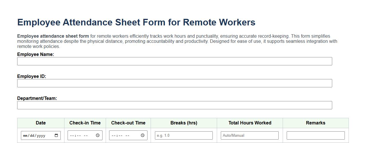 Employee attendance sheet form for remote workers image preview