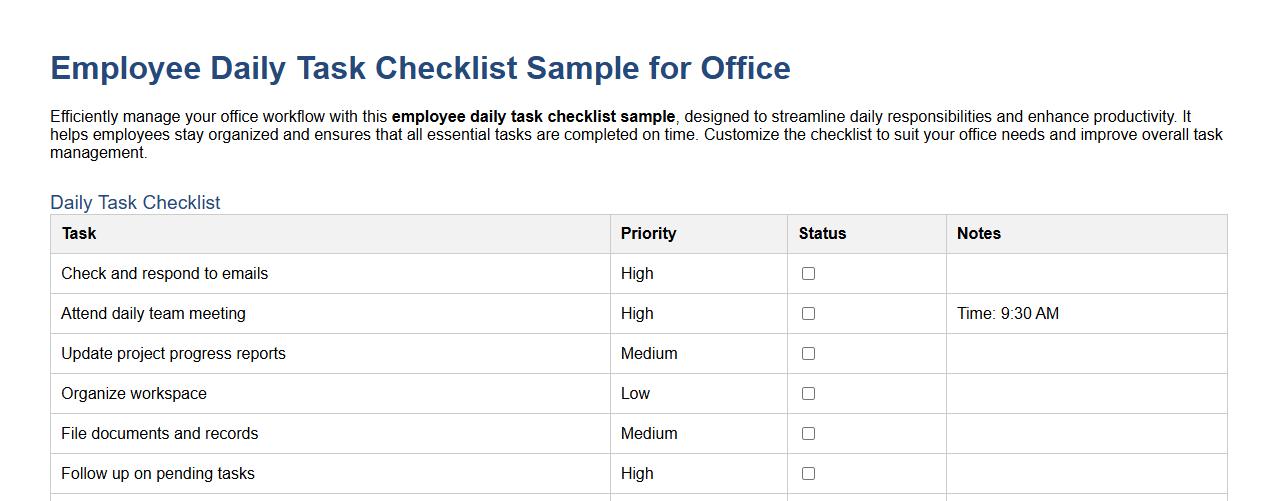 Employee daily task checklist sample for office image preview