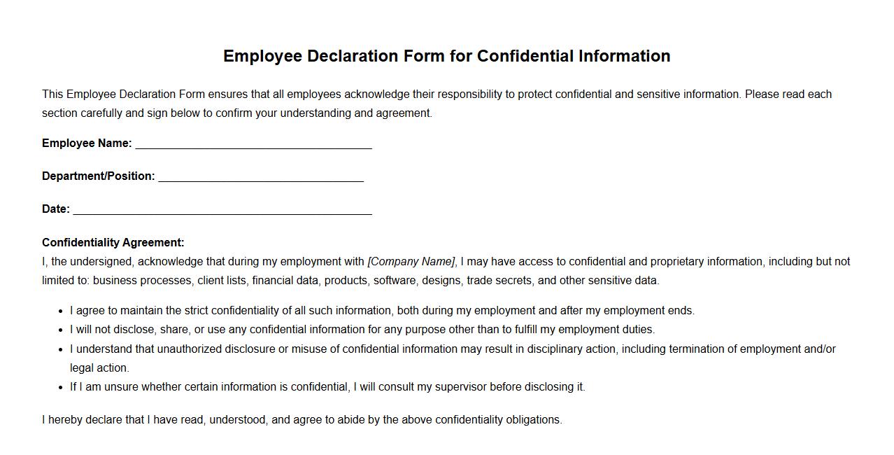Employee declaration form sample for confidential information image preview
