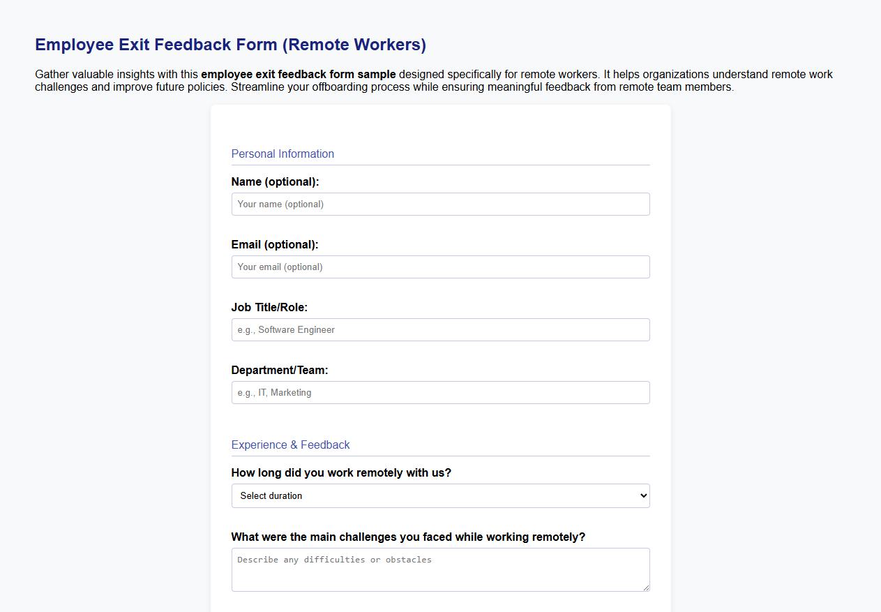 Employee exit feedback form sample for remote workers image preview