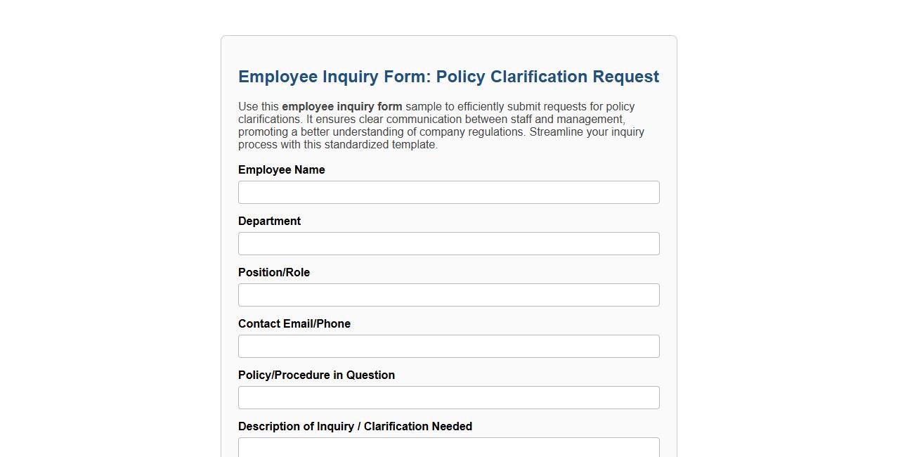 Employee inquiry form sample for policy clarification requests image preview