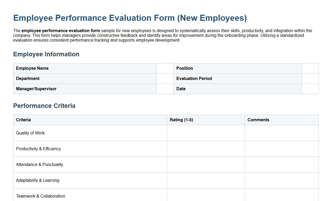 Employee performance evaluation form sample for new employees image preview