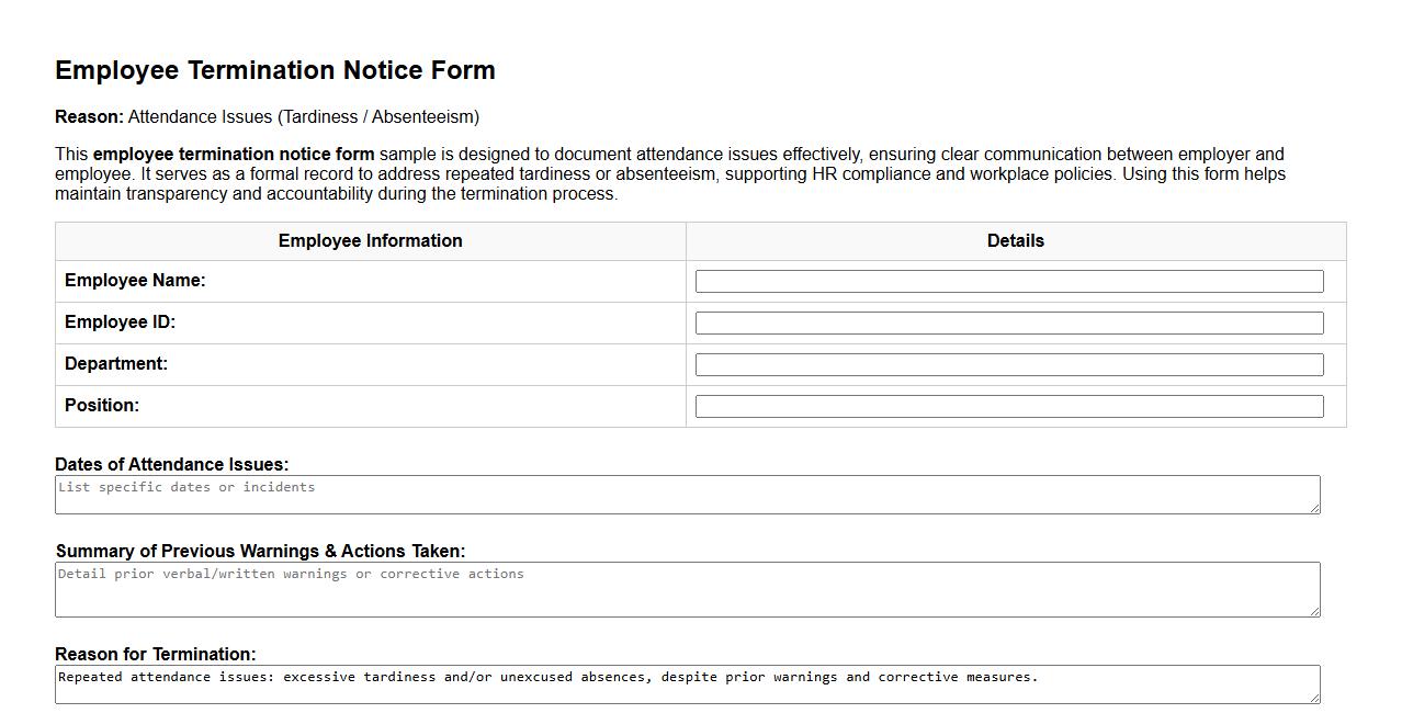 employee termination notice form sample for attendance issues image preview
