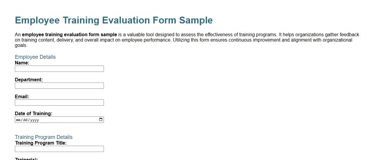 employee training evaluation form sample image preview