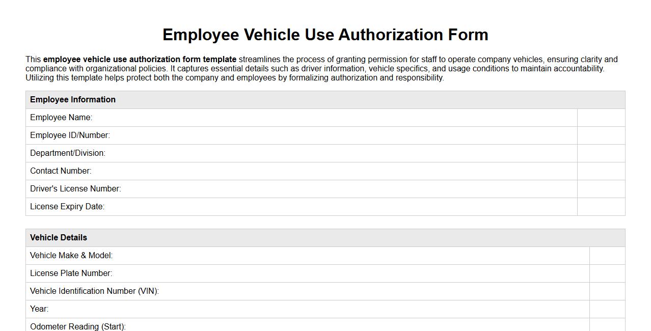 employee vehicle use authorization form template image preview