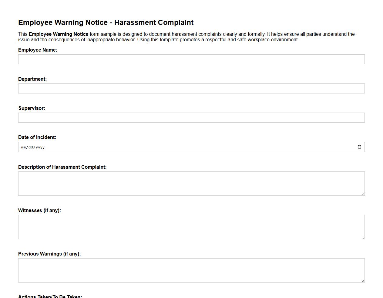 Employee warning notice form sample for harassment complaint image preview