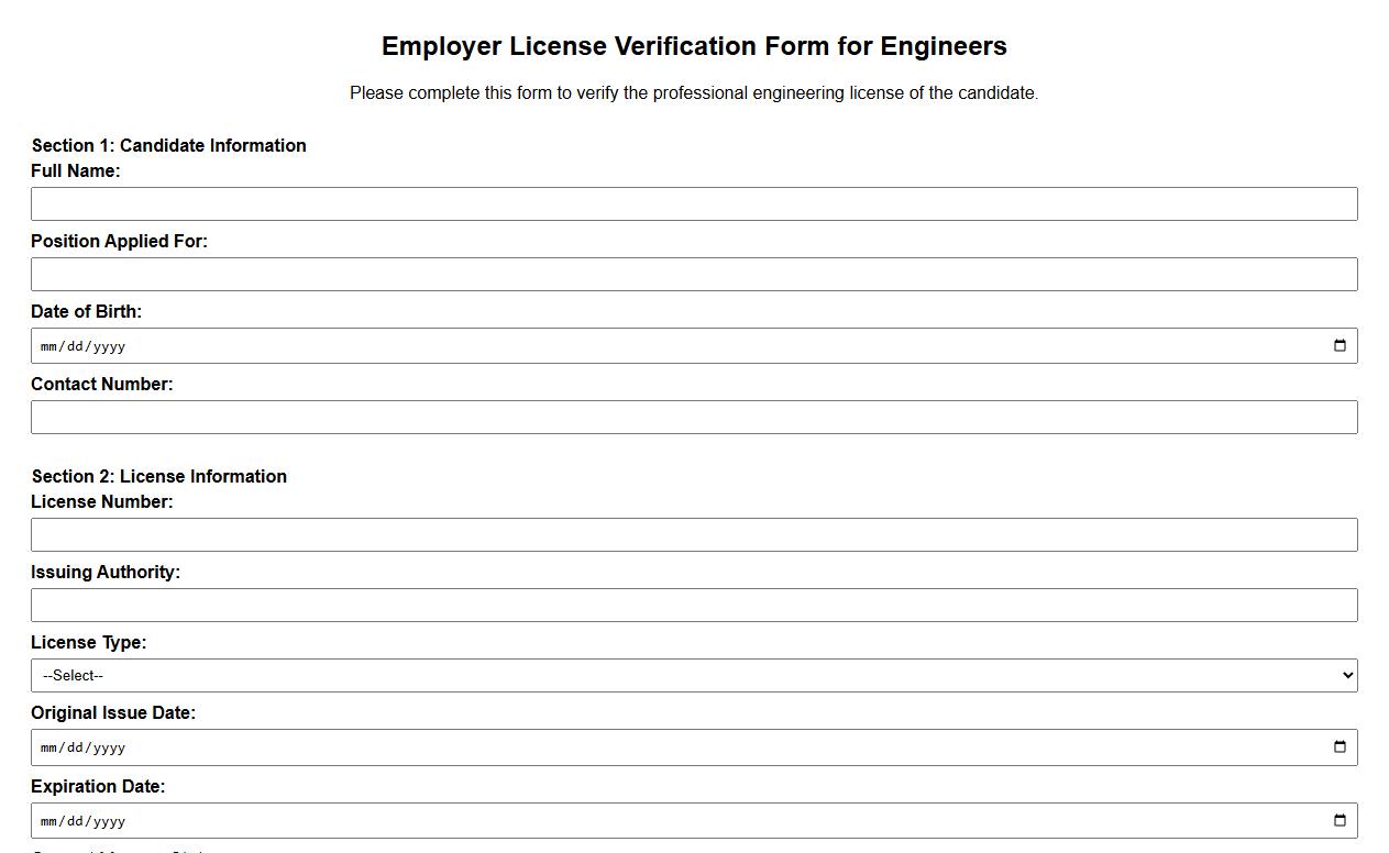employer license verification form sample for engineers image preview