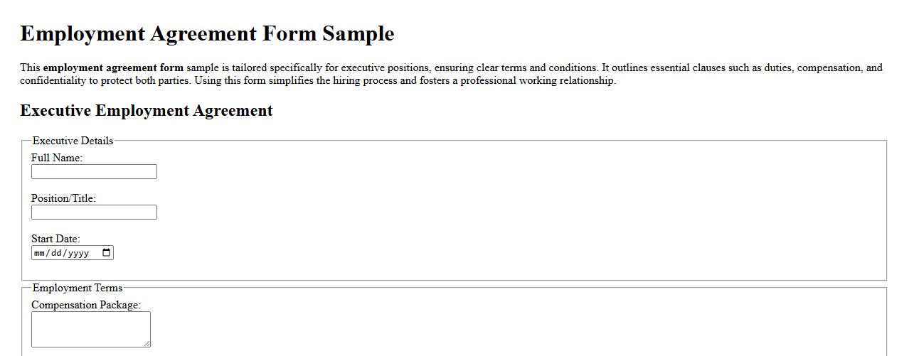 Employment agreement form sample for executive positions image preview
