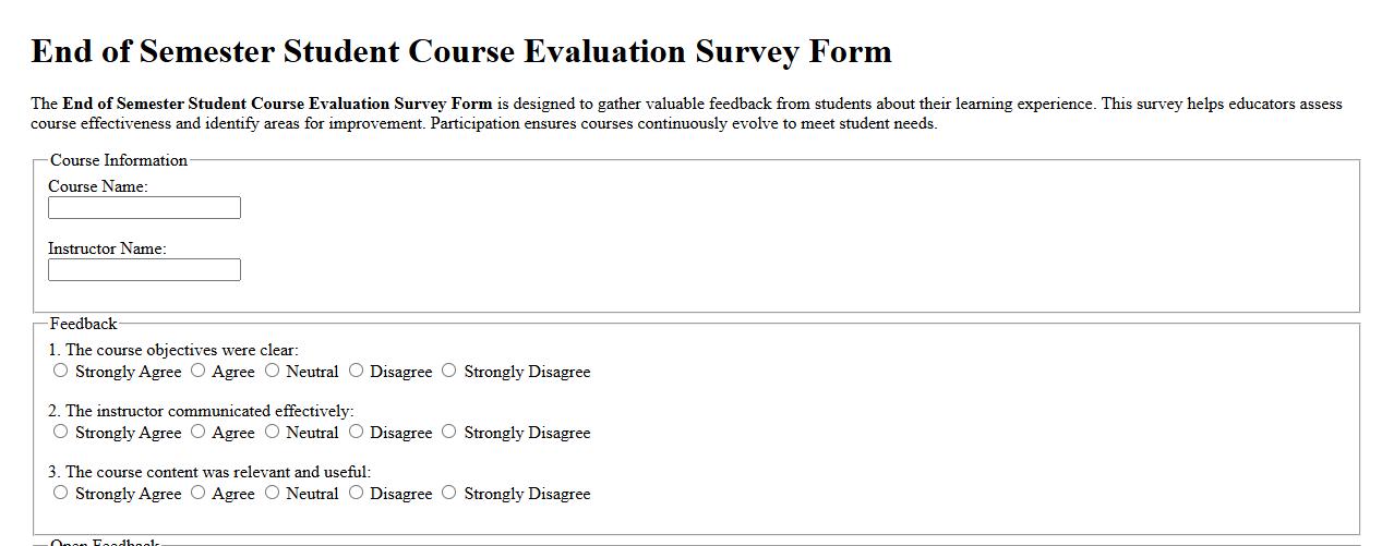 End of semester student course evaluation survey form image preview
