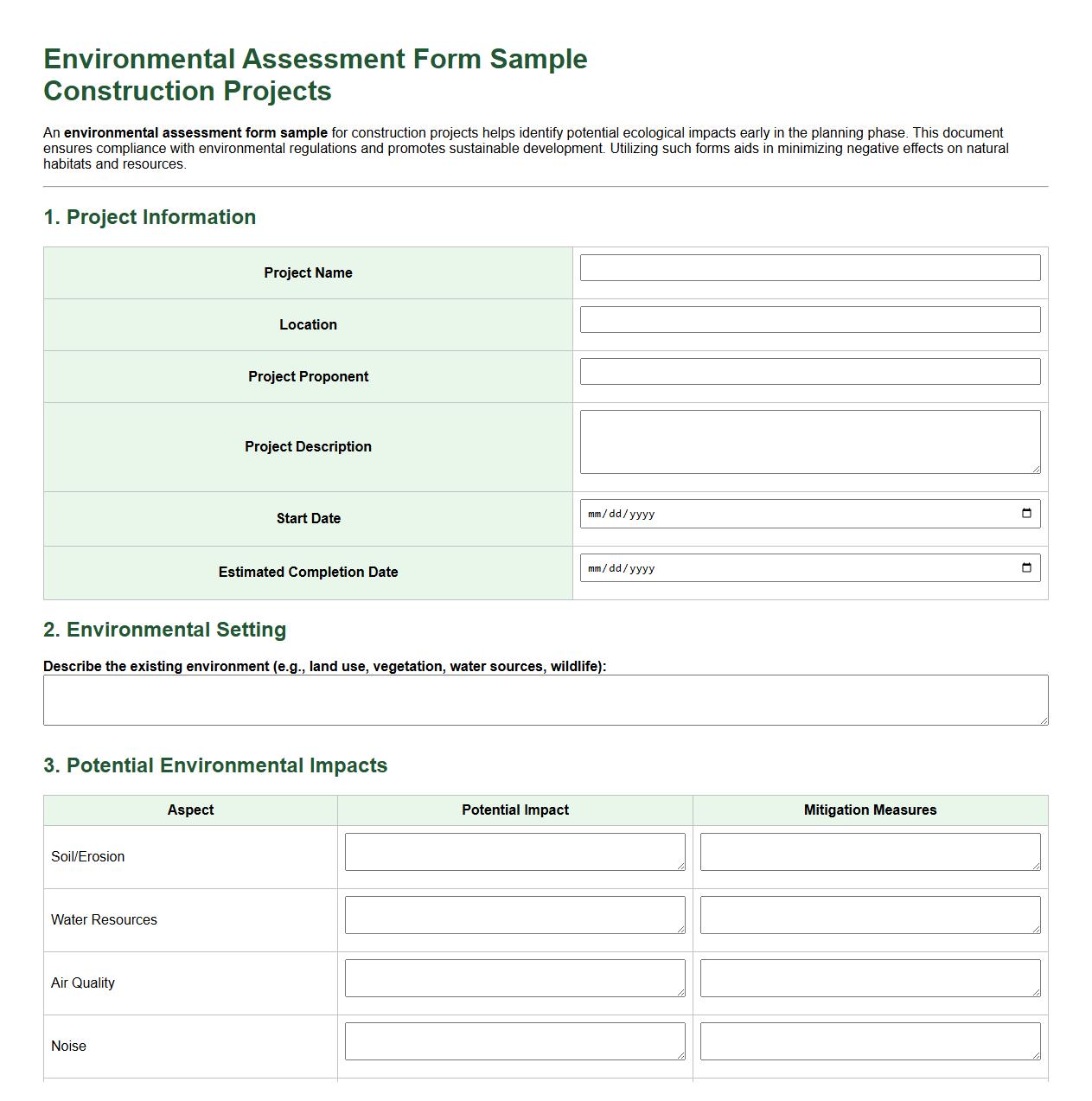 environmental assessment form sample for construction projects image preview