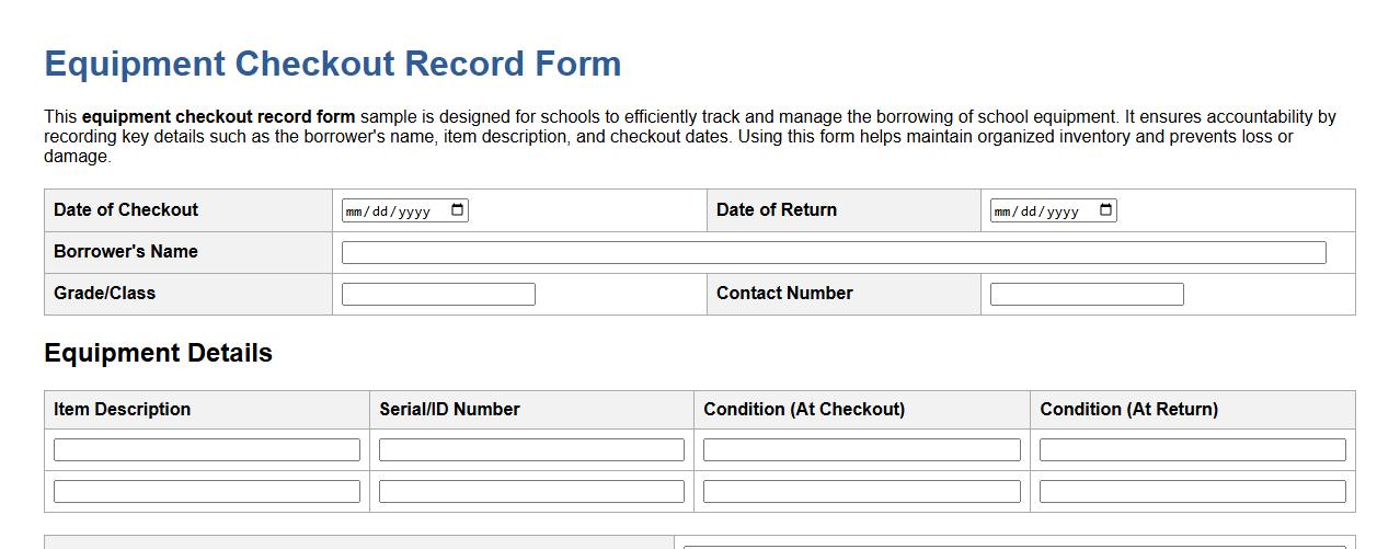 equipment checkout record form sample for schools image preview