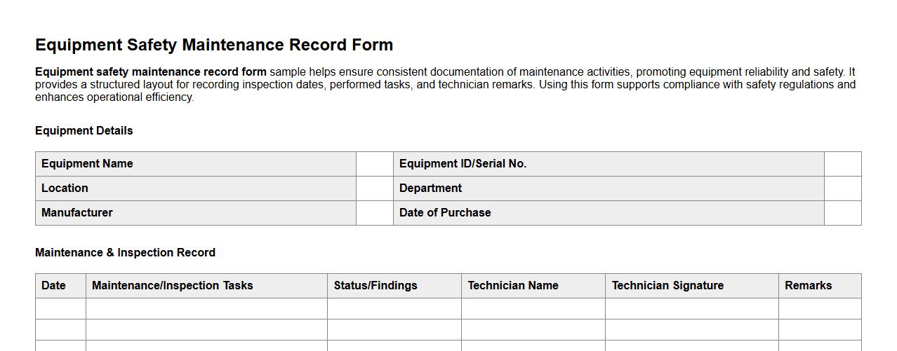 equipment safety maintenance record form sample image preview
