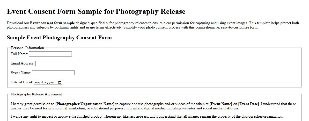 Event consent form sample for photography release image preview