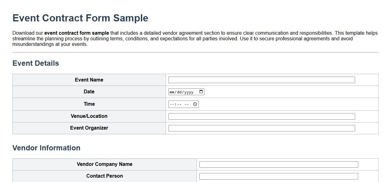 event contract form sample with vendor agreement section image preview