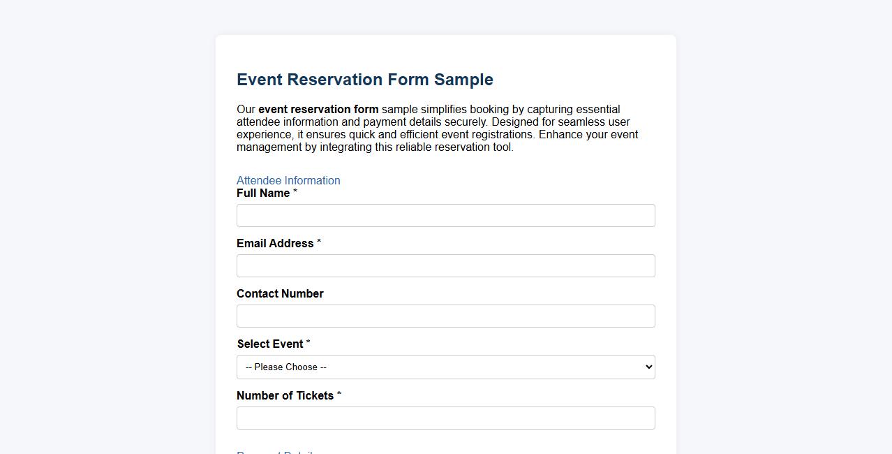 Event reservation form sample including payment details image preview