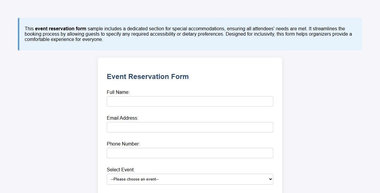 Event reservation form sample with special accommodations section image preview