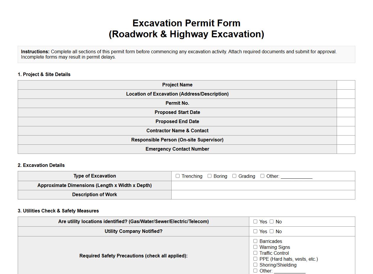 excavation permit form sample for roadwork and highway excavation image preview