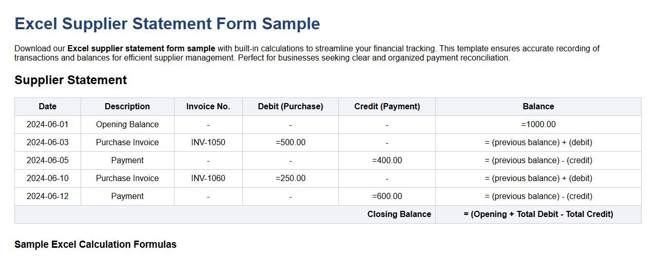 excel supplier statement form sample with calculations image preview