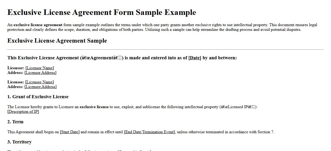 Exclusive license agreement form sample example image preview