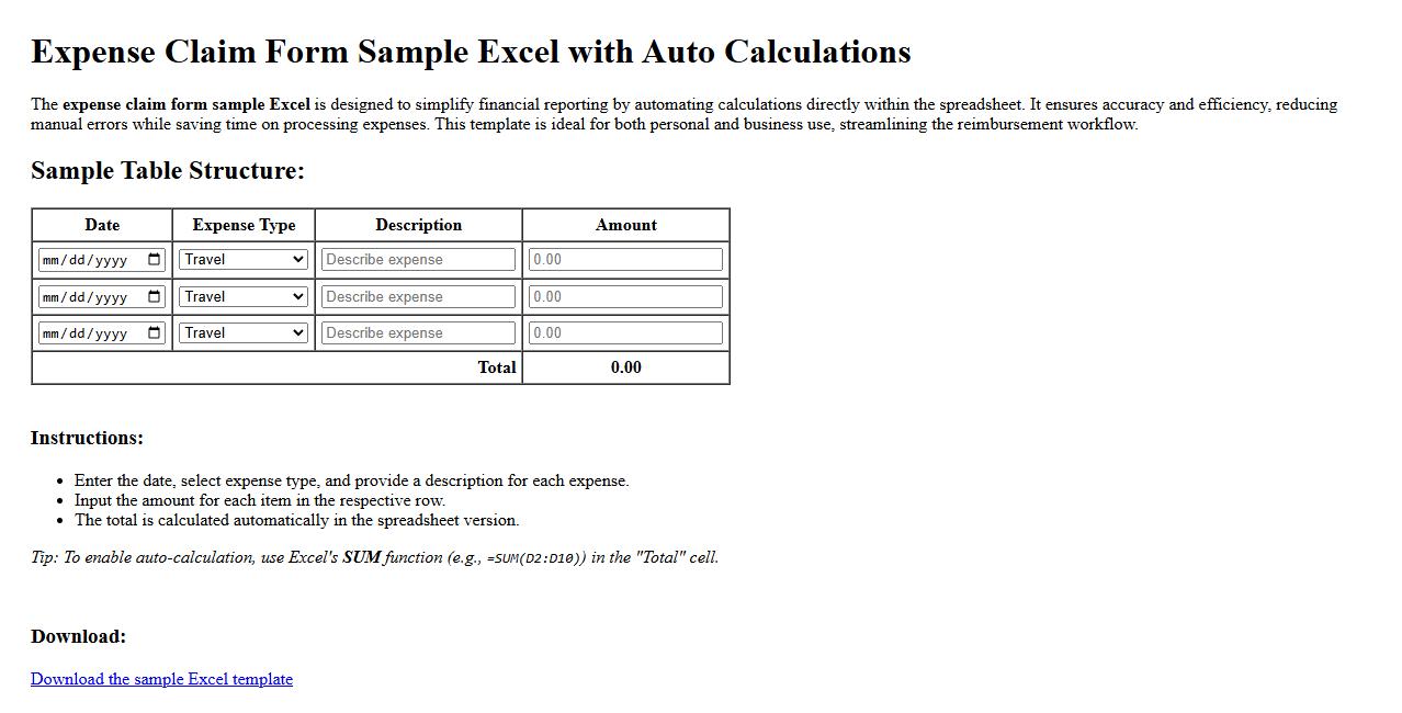Expense claim form sample Excel with auto calculations image preview