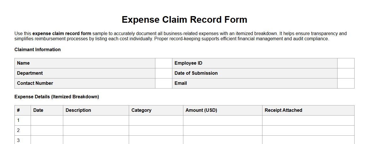 expense claim record form sample with itemized breakdown image preview