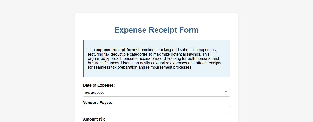 expense receipt form with tax-deductible expense categories image preview
