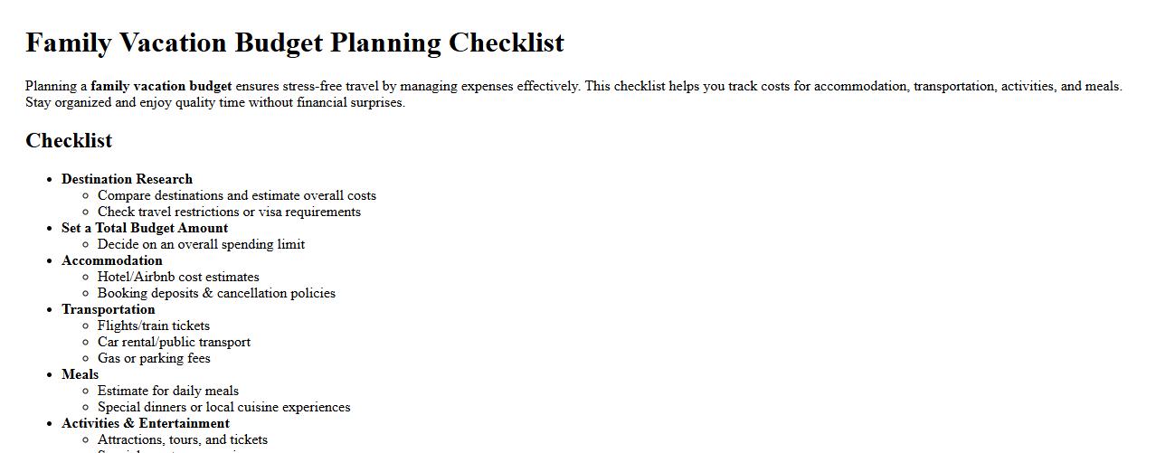 Family vacation budget planning checklist image preview