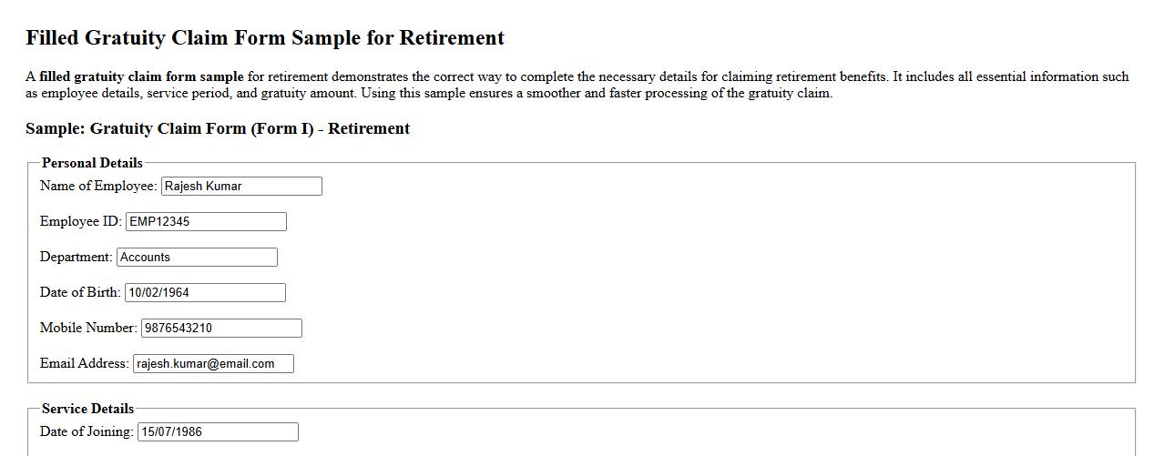Filled gratuity claim form sample for retirement image preview