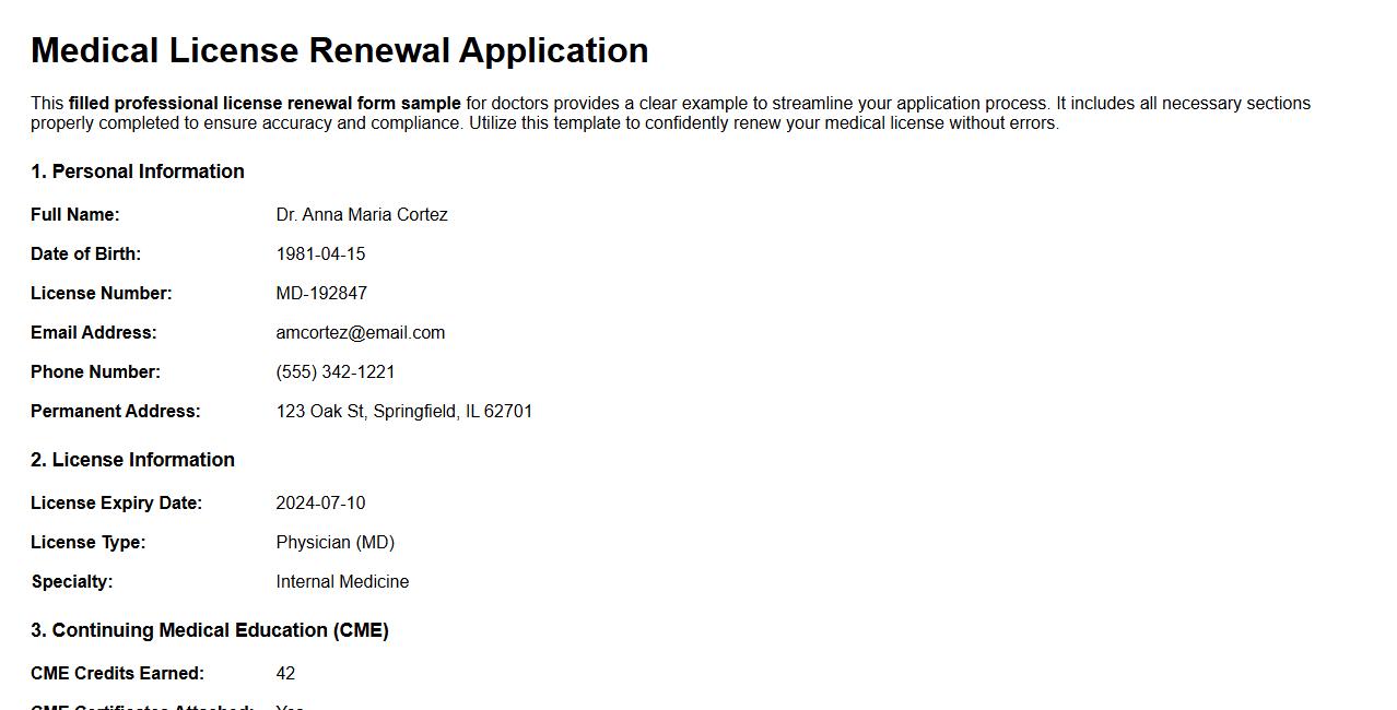 Filled professional license renewal form sample for doctors image preview