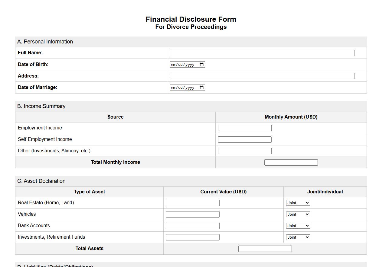 financial disclosure form sample for divorce proceedings image preview