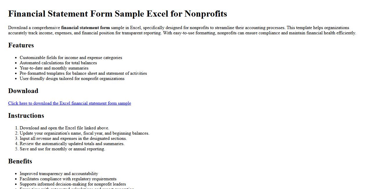 Financial statement form sample excel for nonprofits image preview