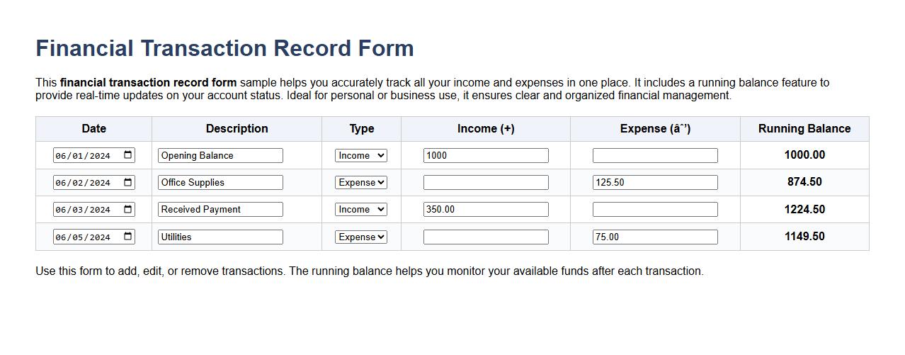 Financial transaction record form sample with running balance image preview