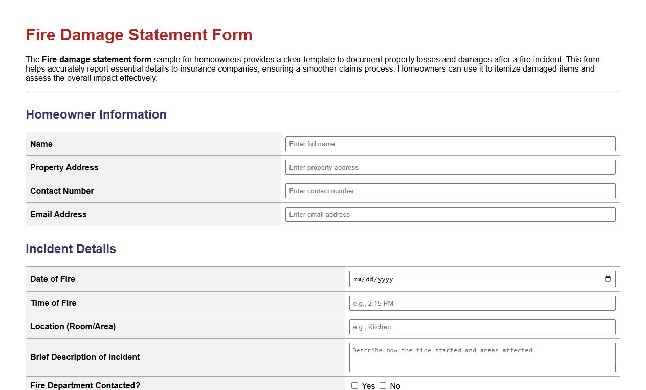 Fire damage statement form sample for homeowners image preview